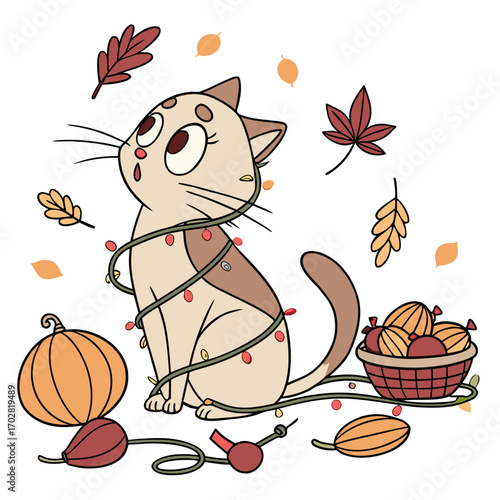 Charming SVG of a Surprised Oriental Shorthair featuring wrapped in fairy lights, styled in a Thanksgiving theme with Harvest Blessings hues