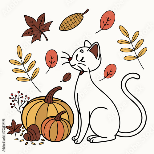 Happy Oriental Shorthair with with a giant leaf, set in a charming Thanksgiving theme – Harvest Blessings color vector art