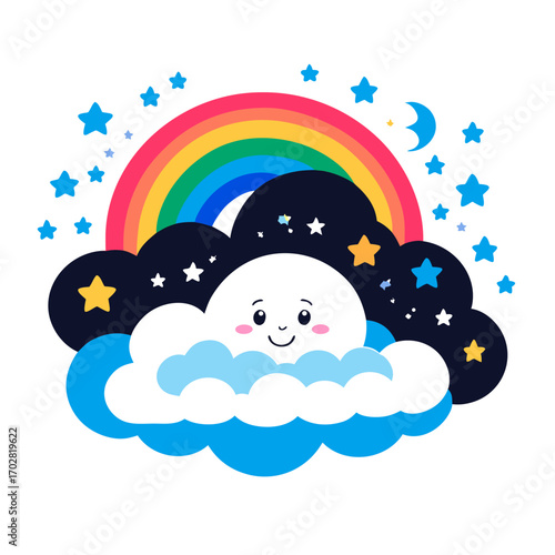 Colorful night sky with smiling moon and rainbow under stars