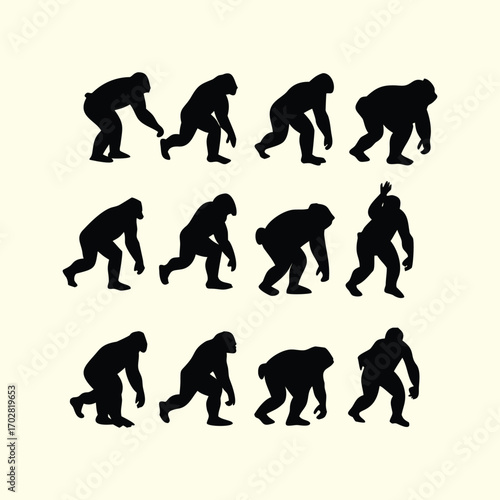 Gorilla creative vector design elements silhouettes set, featuring ape poses, wildlife illustrations, jungle animals, primates, strength, and nature-inspired designs