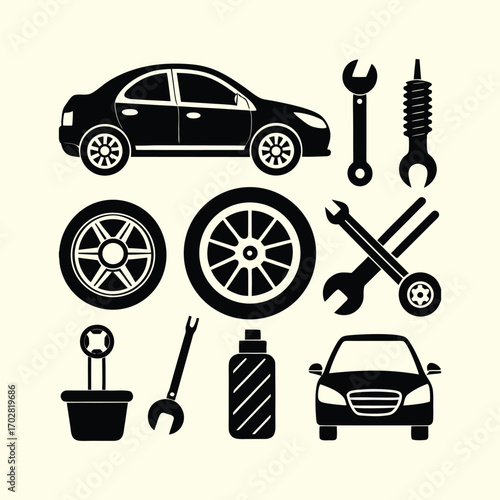 Car repair and maintenance icons and illustrations, including tools, vehicles, mechanics, garage equipment, engine, tires, oil, and auto service symbols