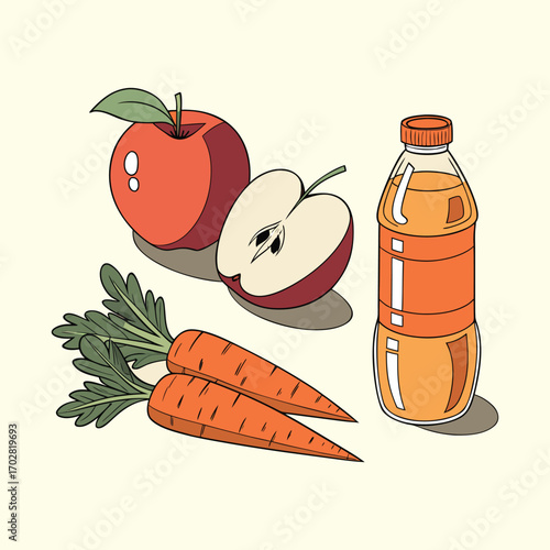 Fresh apple and carrot juice in a bottle with whole and sliced fruits and vegetables, depicting healthy beverage concept