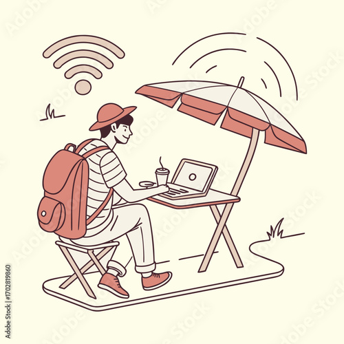 Young Person Working on Laptop Outdoors Under Umbrella with Wi-Fi Signal – Remote Work, Digital Nomad, and Outdoor Office Illustration