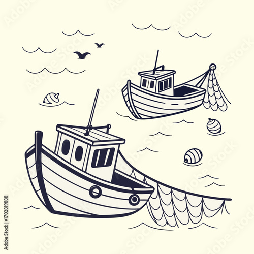 vintage fishing boats at sea. A retro sketch of traditional wooden trawlers with nets for a nautical or maritime theme