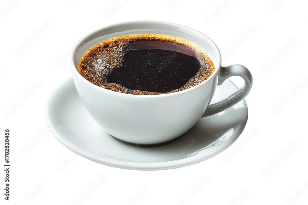 Fototapeta premium A cup of rich, dark coffee in a white ceramic cup and saucer