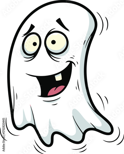 A cheerful and slightly goofy cartoon ghost with big eyes and a wide smile, illustrated with vibrant colors, suitable for Halloween or any spooky-themed design