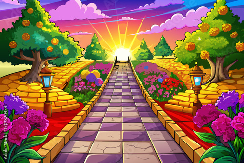 The setting sun caresses the path with a golden color. The pavement shines under the steps and the red and purple flowers on both sides of the road create an aura of beauty. This poetic path takes pas