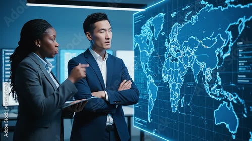 Diverse Team Analyzing Global Data on Interactive Display in Modern Office