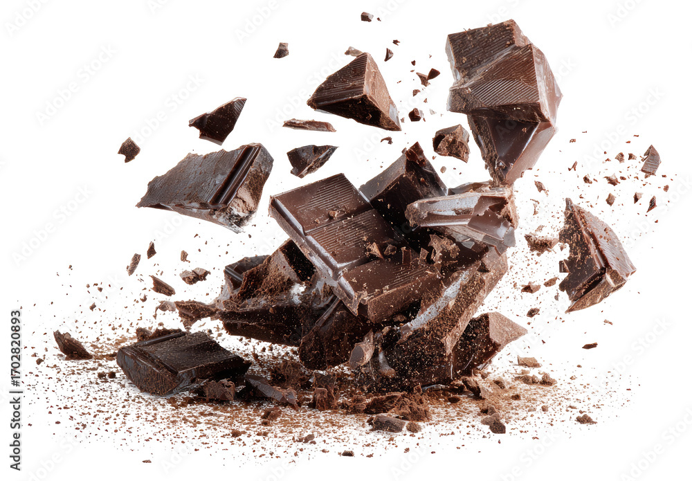 Fototapeta premium Dark chocolate chunks exploding in a dramatic display on a bed of cocoa powder