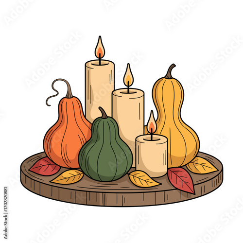 Candles and Gourds Centerpiece with Hand-Drawn Illustration in Autumn Decor