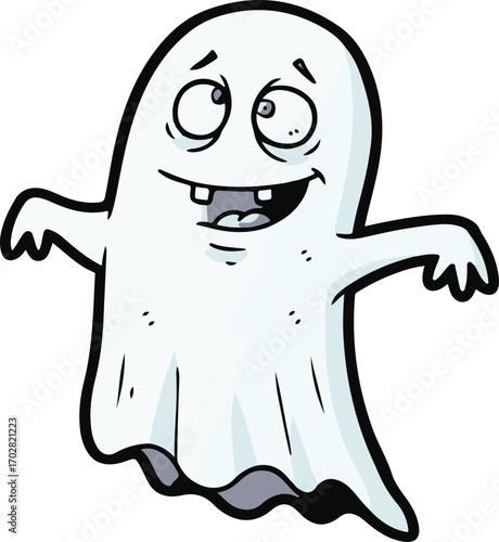 A cartoon ghost with a playful expression, floating and looking up with a slight grin, designed for playful or Halloween-themed content