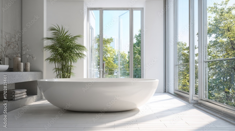 Fototapeta premium A spacious bathroom features a large freestanding tub and abundant natural light pouring in from expansive windows. Lush greenery outside enhances the tranquil atmosphere.