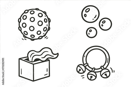 Baby Sensory Playset. Baby sensory play doodle set: hand drawn icons for textured ball, bubbles, scarf pull box, and jingle ring,