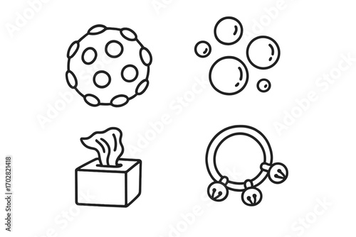 Baby Sensory Playset. Baby sensory play doodle set: hand drawn icons for textured ball, bubbles, scarf pull box, and jingle ring,