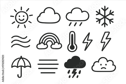 Weather Doodle Icons. Weather forecast doodle icon set: hand drawn icons of sun, cloud, rain, snowflake, wind, rainbow,