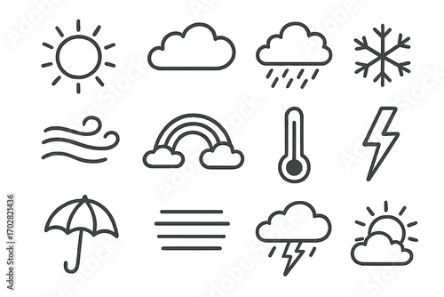 Weather Doodle Icons. Weather forecast doodle icon set: hand drawn icons of sun, cloud, rain, snowflake, wind, rainbow,