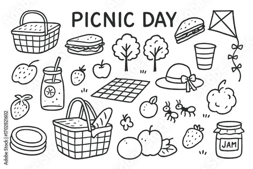Picnic Doodles Extravaganza. Picnic day: hand drawn doodles of picnic baskets, sandwiches, lemonade, checkered blankets, fruits,