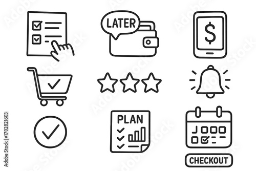 Buy Now Pay Later Icons. Buy now pay later doodle icon set: hand drawn icons of payment schedule, wallet with delay bubble,