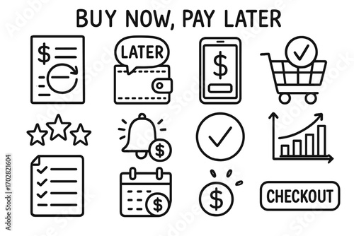 Buy Now Pay Later Icons. Buy now pay later doodle icon set: hand drawn icons of payment schedule, wallet with delay bubble,