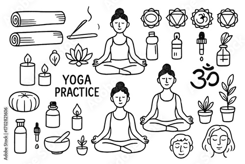 Yoga Doodle Elements. Yoga practice: hand drawn doodles of yoga mats, lotus poses, incense sticks, candles, cushions, water