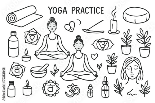Yoga Doodle Elements. Yoga practice: hand drawn doodles of yoga mats, lotus poses, incense sticks, candles, cushions, water