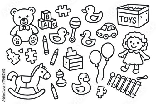 Playful Toy Doodles. Kids’ toys: hand drawn doodles of teddy bears, blocks, rubber ducks, puzzles, rattles, toy cars, dolls,
