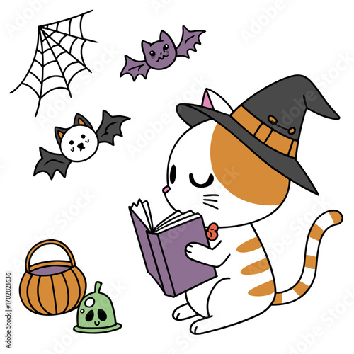 An adorable Oriental Shorthair with a Shy vibe, reading a book, and a Spooky Fun Halloween theme – SVG style