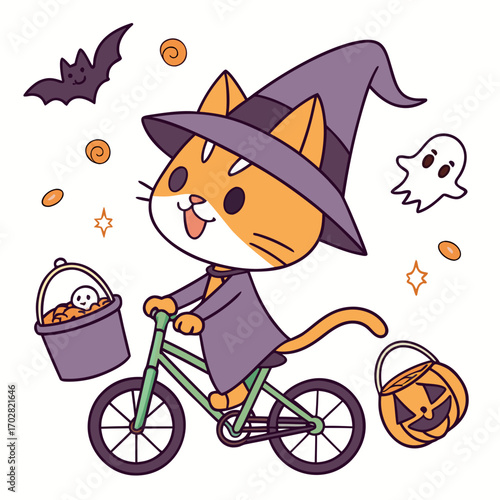 Delightful Joyful Oriental Shorthair in a Halloween scene with riding a bicycle – Spooky Fun vector illustration