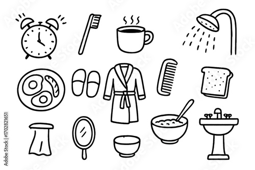 Morning Doodle Icons. Morning routine: hand drawn doodles of alarm clocks, toothbrushes, coffee mugs, breakfast plates, slippers,
