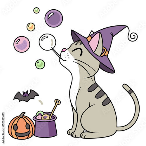 An adorable Oriental Shorthair with a Joyful vibe, blowing bubbles, and a Spooky Fun Halloween theme – SVG style