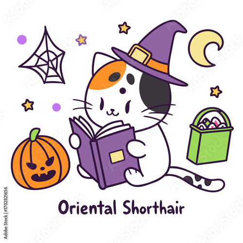 An adorable Oriental Shorthair with a Shy vibe, reading a book, and a Spooky Fun Halloween theme – SVG style