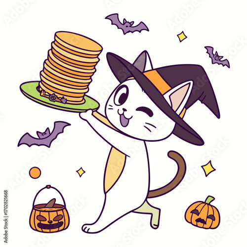 Joyful Oriental Shorthair with balancing a stack of pancakes, set in a charming Halloween theme – Spooky Fun color vector art