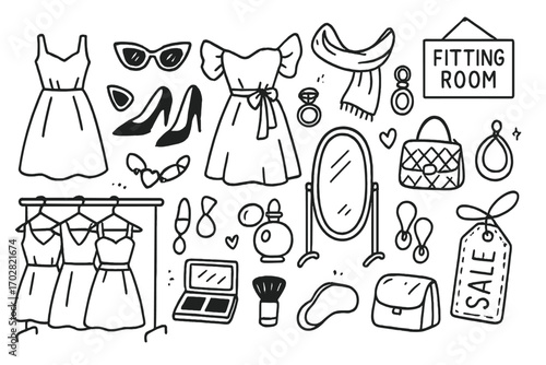 Fashion Boutique Doodles. Fashion boutique: hand drawn doodles of dresses, sunglasses, high heels, jewelry, clothing racks,
