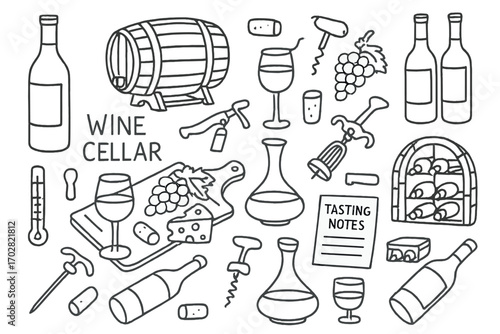 Wine Cellar Doodles. Wine cellar: hand drawn doodles of wine bottles, corks, barrels, glasses, grapes, openers, cheese boards,
