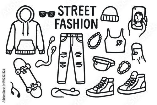 Trendy Street Doodles. Street fashion: hand drawn doodles of hoodies, ripped jeans, sneakers, sunglasses, chains, beanies, tattoos