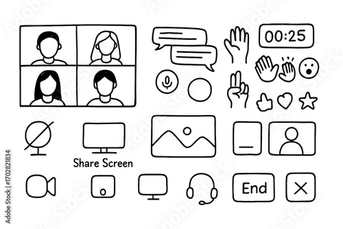 Zoom Meeting Doodles. Zoom meeting: hand drawn doodles of gallery view, chat messages, raised hands, mute buttons, shared screens,