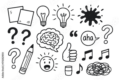 Creative Doodles Collection. Creative brainstorm: hand drawn doodles of sticky notes, lightbulbs, paint splashes, question marks,