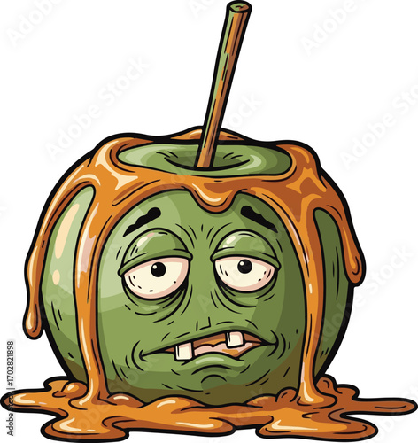 A sickly green apple covered in melted caramel, with a cartoonish, droopy face and buck teeth, looking unwell