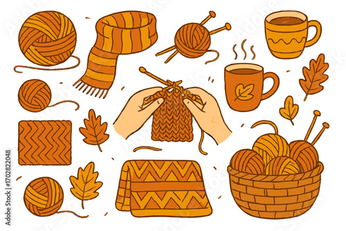Autumn Knitting Delight. Knitting in fall: hand drawn doodles of yarn balls, warm scarves, needles, cozy blankets, hands knitting,