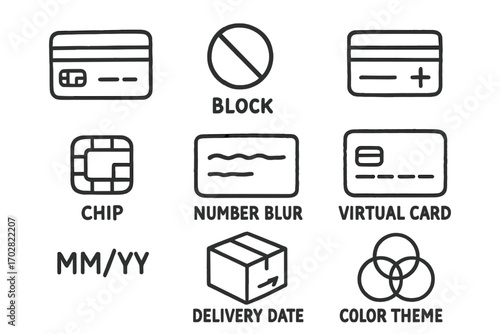 Card Management Doodles. Card management: hand drawn doodles of credit card, block icon, new card request, chip, number blur,