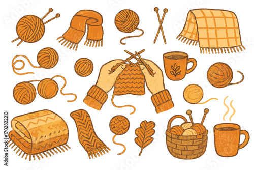Autumn Knitting Delight. Knitting in fall: hand drawn doodles of yarn balls, warm scarves, needles, cozy blankets, hands knitting,