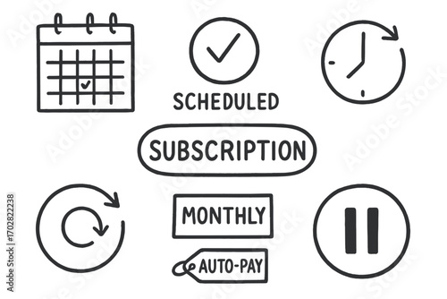 Recurring Payment Doodles. Recurring payments: hand drawn doodles of calendar, scheduled icon, subscription logo, clock cycle,