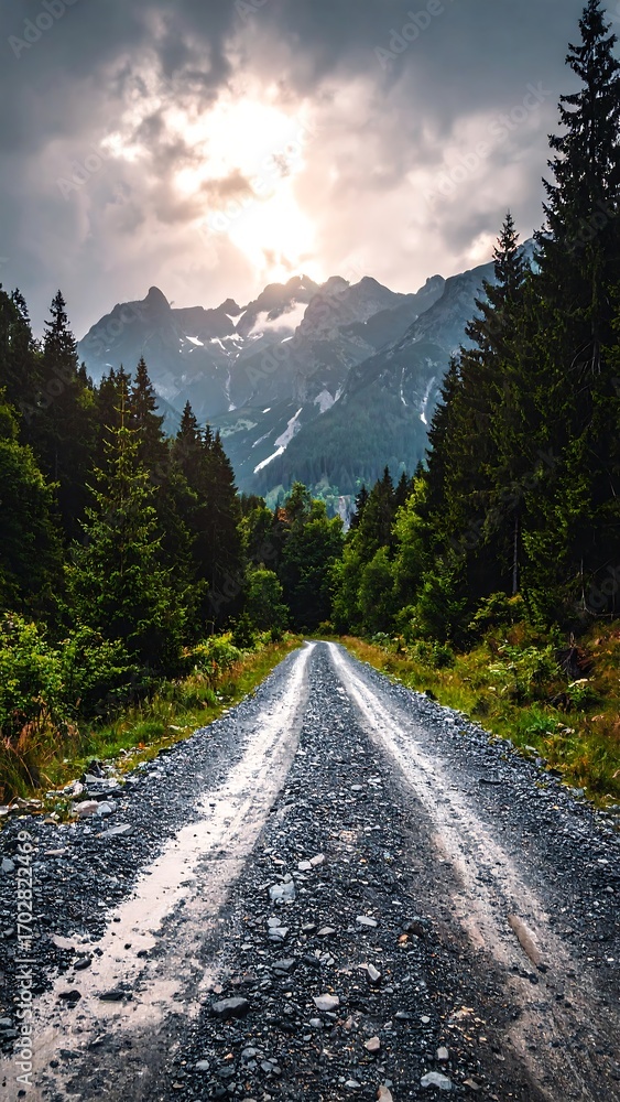 Fototapeta premium Mountain road through forest at sunset