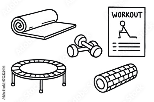 Home Gym Essentials. At-home gym: hand drawn doodles of mat, dumbbells, mini trampoline, foam roller, and workout poster. isolated