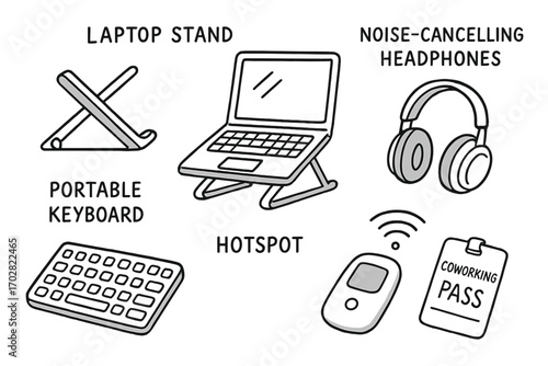 Digital Nomad Gear. Digital nomad setup: hand drawn doodles of laptop stand, portable keyboard, noise-canceling headphones,