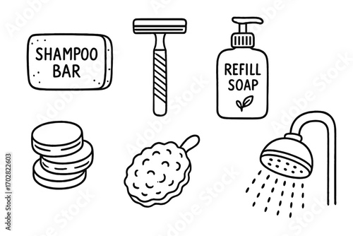 Eco-Friendly Bathroom Doodles. Green bathroom swaps: hand drawn doodles of shampoo bar, safety razor, refill soap bottle, cotton
