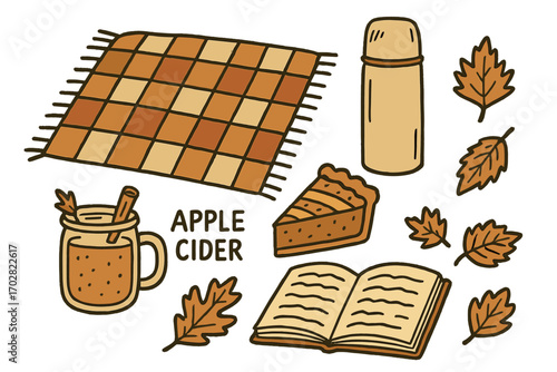 Autumn Picnic Doodles. Fall picnic: hand drawn doodles of checkered blanket, thermos, pie slice, apple cider, book, and crunchy