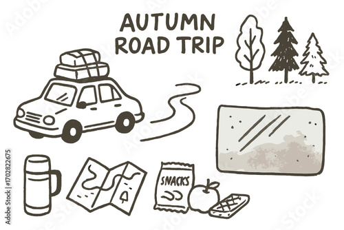 Autumn Road Doodle. Autumn road trip: hand drawn doodles of car with luggage, roadside trees, thermos, map, snacks, and foggy