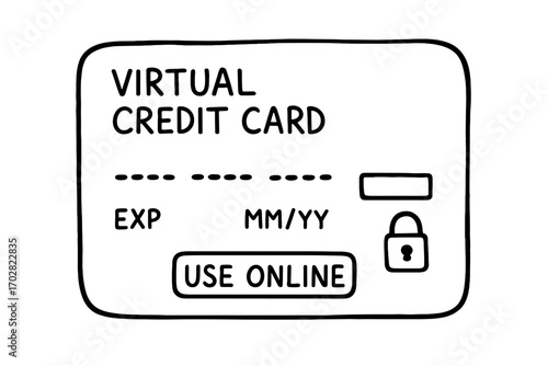 Virtual Credit Card Doodles. Virtual credit card: hand drawn doodles of card image, CVV field, expiration, masked number, lock