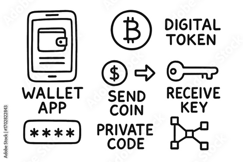 Cryptocurrency Doodle Art. Cryptocurrency wallet: hand drawn doodles of wallet app, digital token, send coin, receive key, private